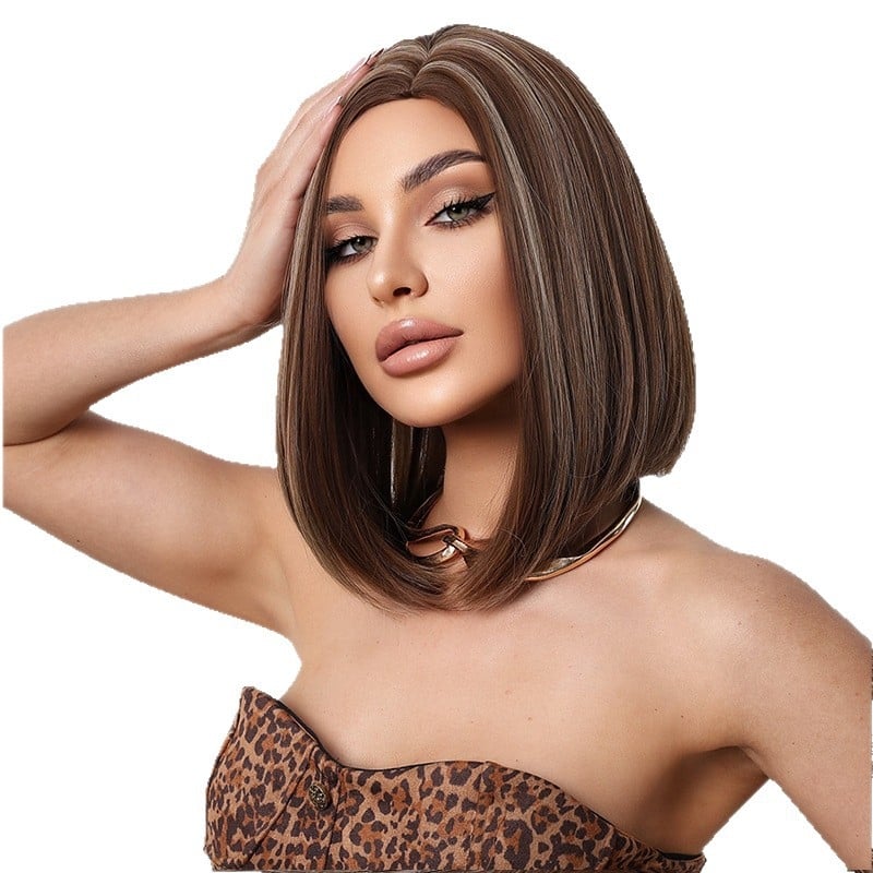 Perucă pentru păr drept, stil bob, parte mijlocie, (Material: fibre rezistente la temperatură; Proces: mecanism; Vopsire sau perm: nu este permis)