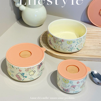 Cutie pentru prânz ceramică cu capac, izolație termică, compatibilă cu microunde, formă cilindrică