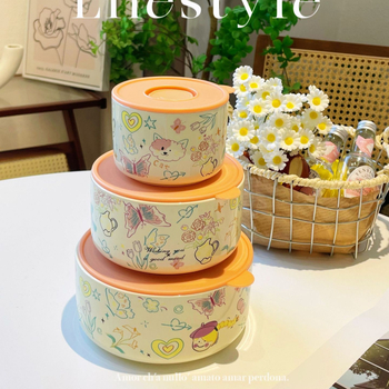 Cutie pentru prânz ceramică cu capac, izolație termică, compatibilă cu microunde, formă cilindrică