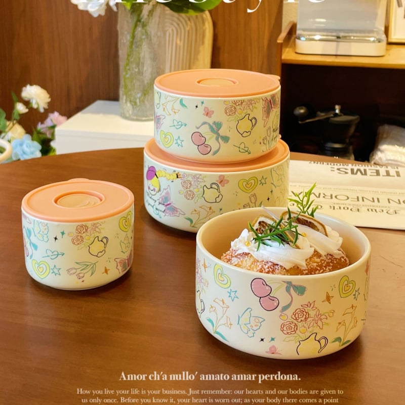 Cutie pentru prânz ceramică cu capac, izolație termică, compatibilă cu microunde, formă cilindrică