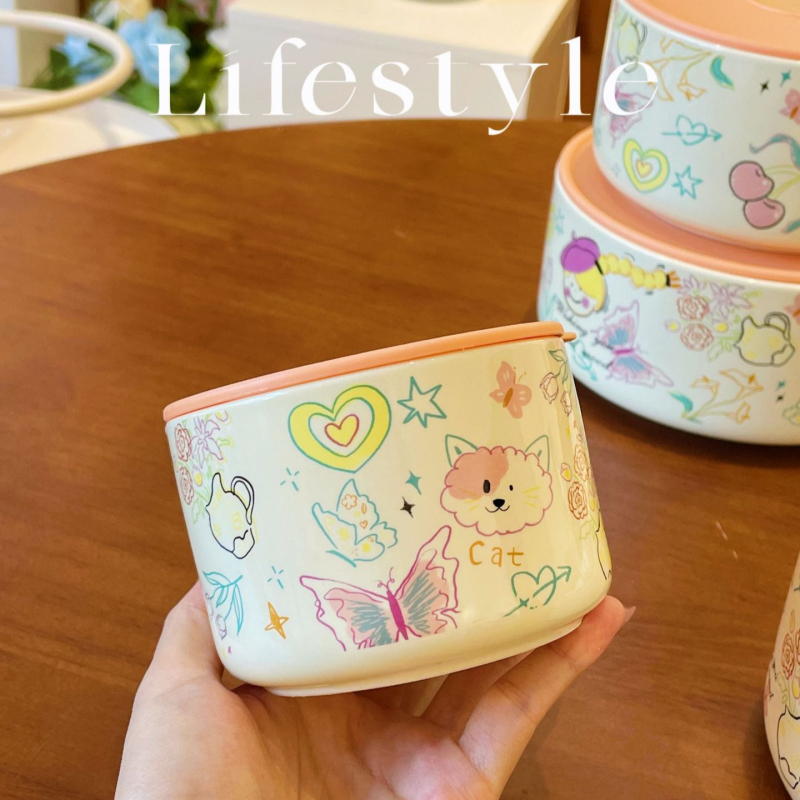 Cutie pentru prânz ceramică cu capac, izolație termică, compatibilă cu microunde, formă cilindrică