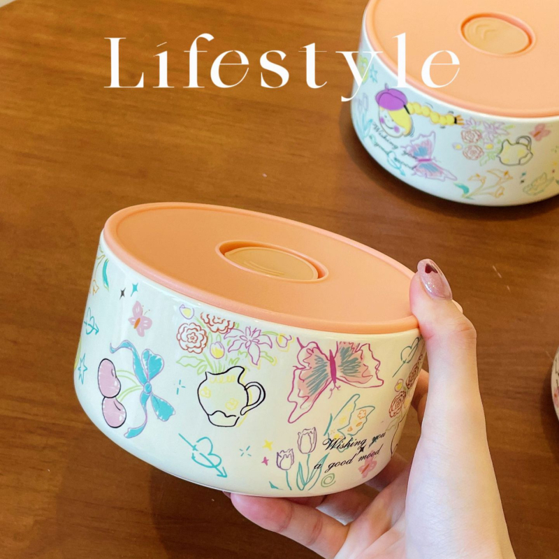 Cutie pentru prânz ceramică cu capac, izolație termică, compatibilă cu microunde, formă cilindrică