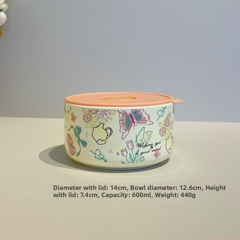 Cutie pentru prânz ceramică cu capac, izolație termică, compatibilă cu microunde, formă cilindrică