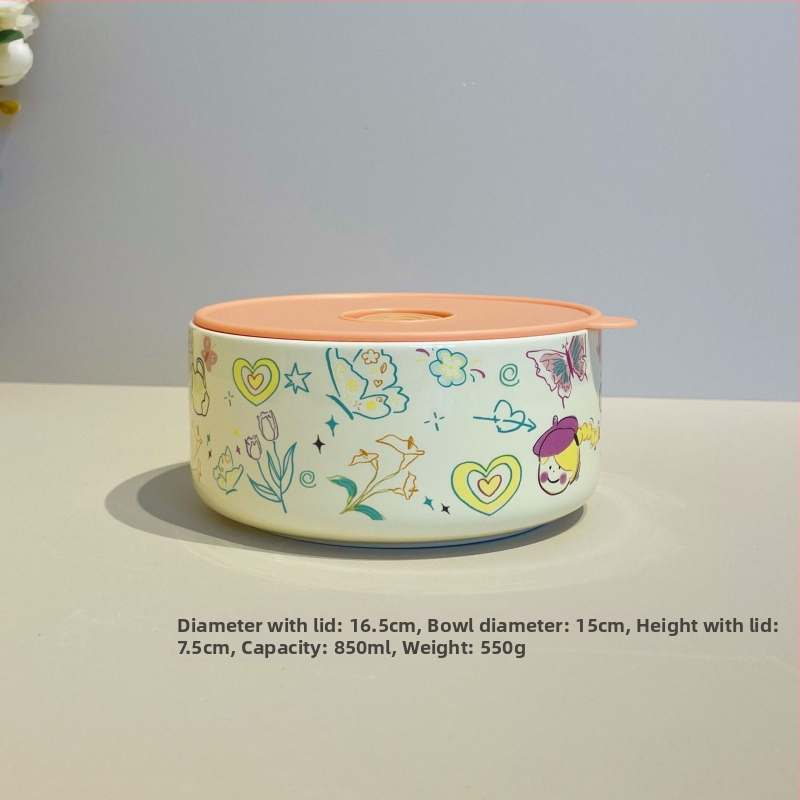 Cutie pentru prânz ceramică cu capac, izolație termică, compatibilă cu microunde, formă cilindrică