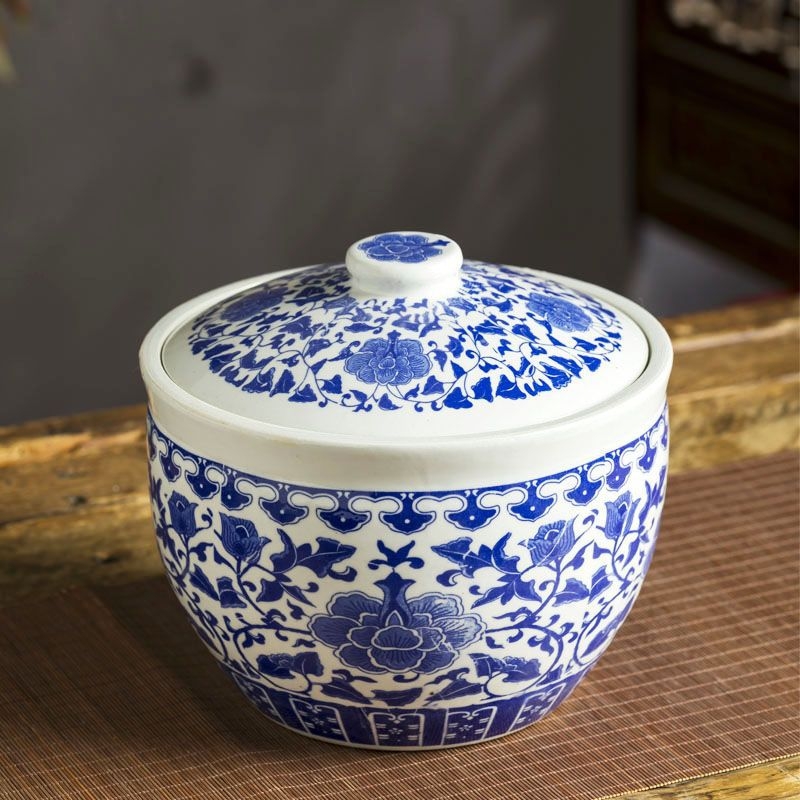 Recipient ceramic pentru depozitare orez cu capac, stil chinezesc, rezistent la umiditate