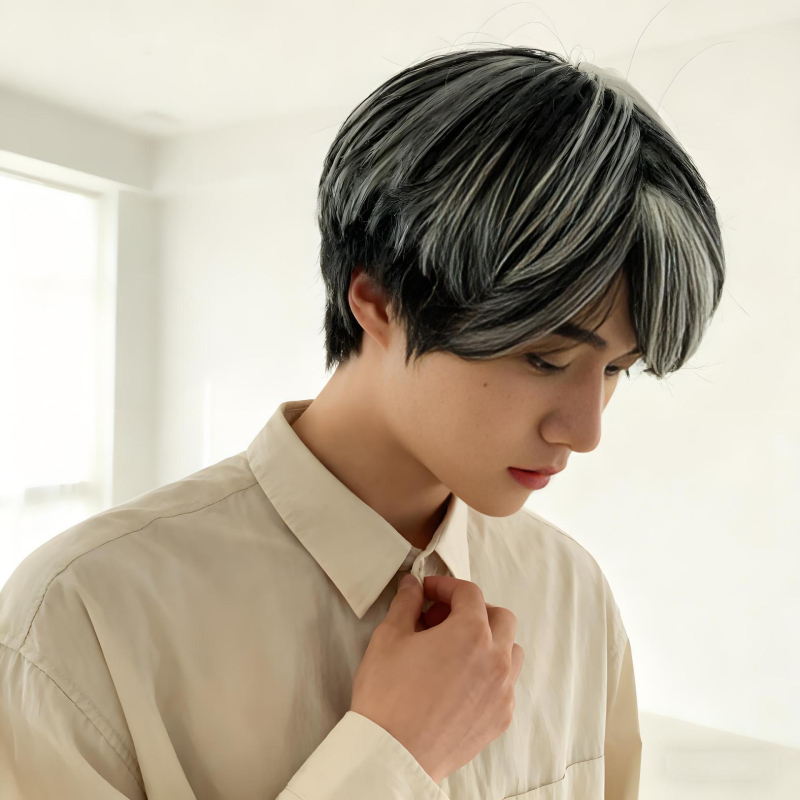 Perucă pentru bărbați cu gradient în stil coreean, model 213a, fibre rezistente la temperatură înaltă, prelucrare mecanică, potrivită pentru vopsire și permă