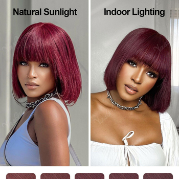 Perucă cu păr scurt drept și breton, fibre sintetice rezistente la căldură, model OM