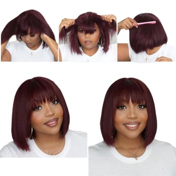 Perucă cu păr scurt drept și breton, fibre sintetice rezistente la căldură, model OM