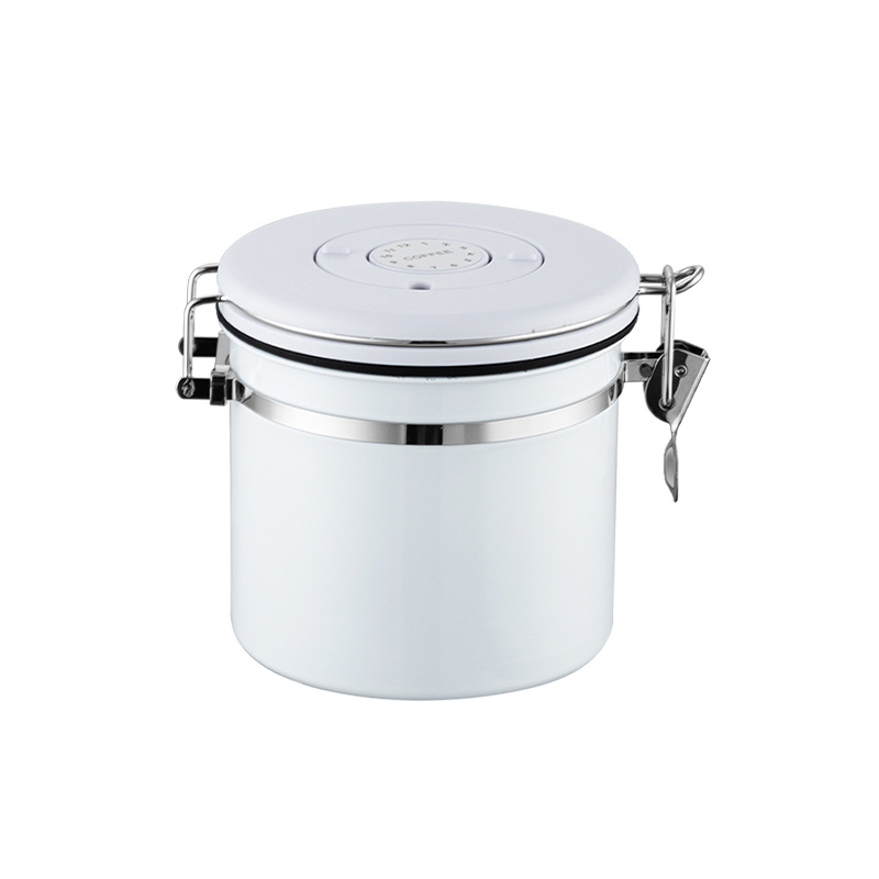 Recipient pentru cafea boabe cu supapă de ventilație și spațiu pentru lingură, din oțel inoxidabil 304, rotund, 1–2 L