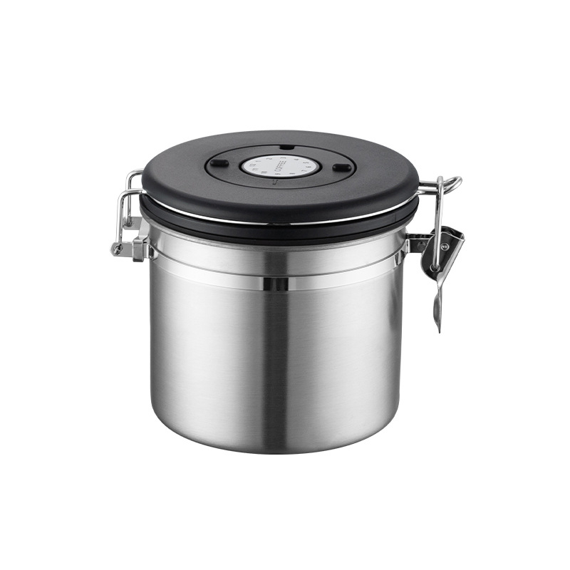 Recipient pentru cafea boabe cu supapă de ventilație și spațiu pentru lingură, din oțel inoxidabil 304, rotund, 1–2 L