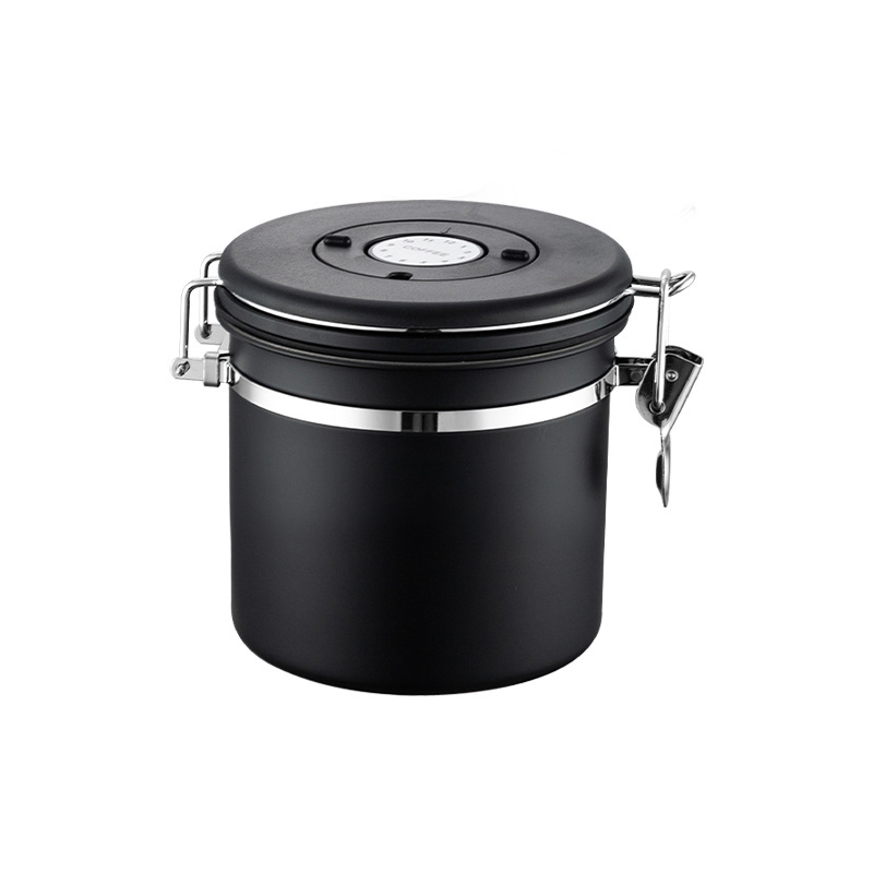 Recipient pentru cafea boabe cu supapă de ventilație și spațiu pentru lingură, din oțel inoxidabil 304, rotund, 1–2 L