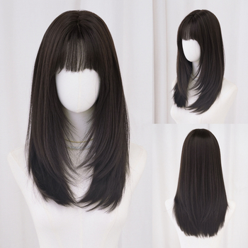 Perucă pentru femei – păr drept, stratificat, breton qi – fibre rezistente la temperatură înaltă, prelucrată mecanic, potrivită pentru vopsire și permamentă