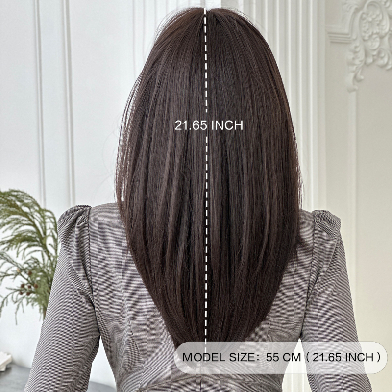 Perucă pentru femei – păr drept, stratificat, breton qi – fibre rezistente la temperatură înaltă, prelucrată mecanic, potrivită pentru vopsire și permamentă