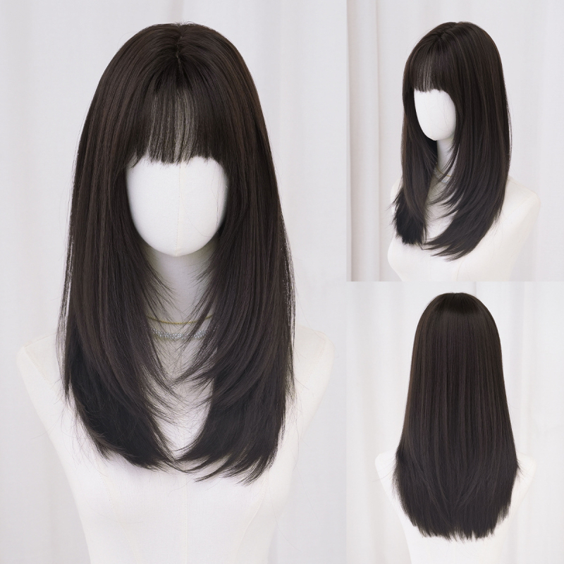 Perucă pentru femei – păr drept, stratificat, breton qi – fibre rezistente la temperatură înaltă, prelucrată mecanic, potrivită pentru vopsire și permamentă