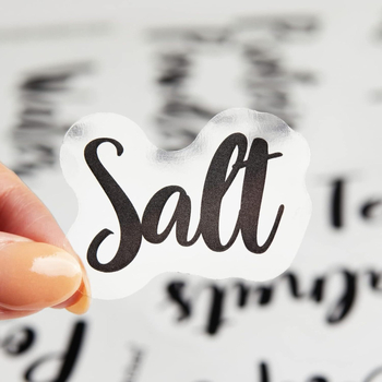 Etichete pentru recipiente alimentare — Etichete transparente pretipărite, cu numere albe în alfabet cursiv, rezistente la apă; sticlă, etichetă de instrucțiuni, brand Senbo SNB Glass