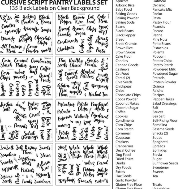 Etichete pentru recipiente alimentare — Etichete transparente pretipărite, cu numere albe în alfabet cursiv, rezistente la apă; sticlă, etichetă de instrucțiuni, brand Senbo SNB Glass