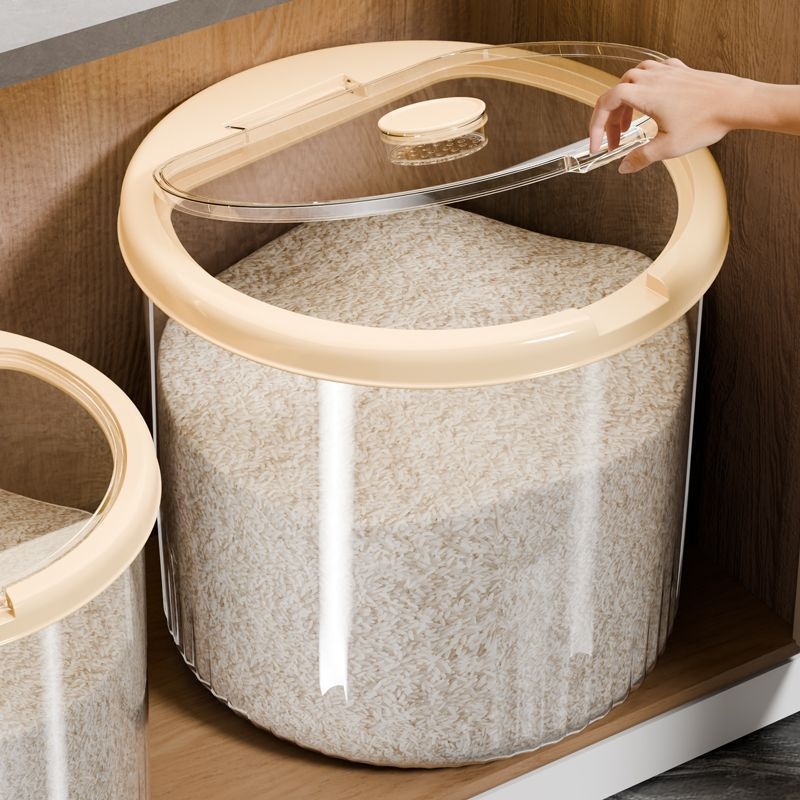 Recipient rotund din plastic transparent pentru orez – sigilat, rezistent la umezeală și insecte, plastic PP, capacitate 4–5 L