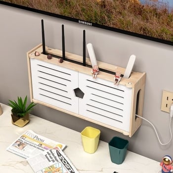 Cutie de stocare pentru router, montată pe perete, lemn masiv, model 00011, imprimare logo disponibilă, montaj fără găuri