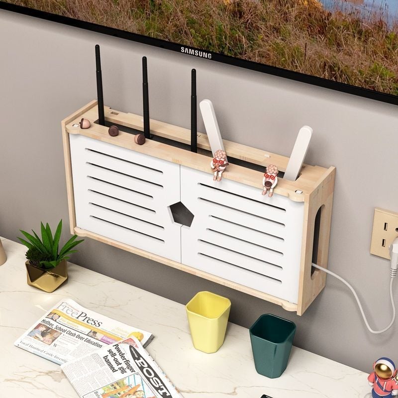 Cutie de stocare pentru router, montată pe perete, lemn masiv, model 00011, imprimare logo disponibilă, montaj fără găuri