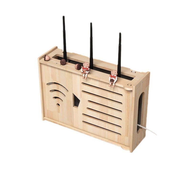 Cutie de stocare pentru router, montată pe perete, lemn masiv, model 00011, imprimare logo disponibilă, montaj fără găuri