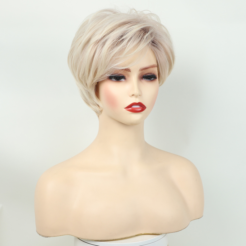 Perucă păr drept scurt, model 22593, fibră rezistentă la temperaturi înalte, breton oblic, proces mecanic