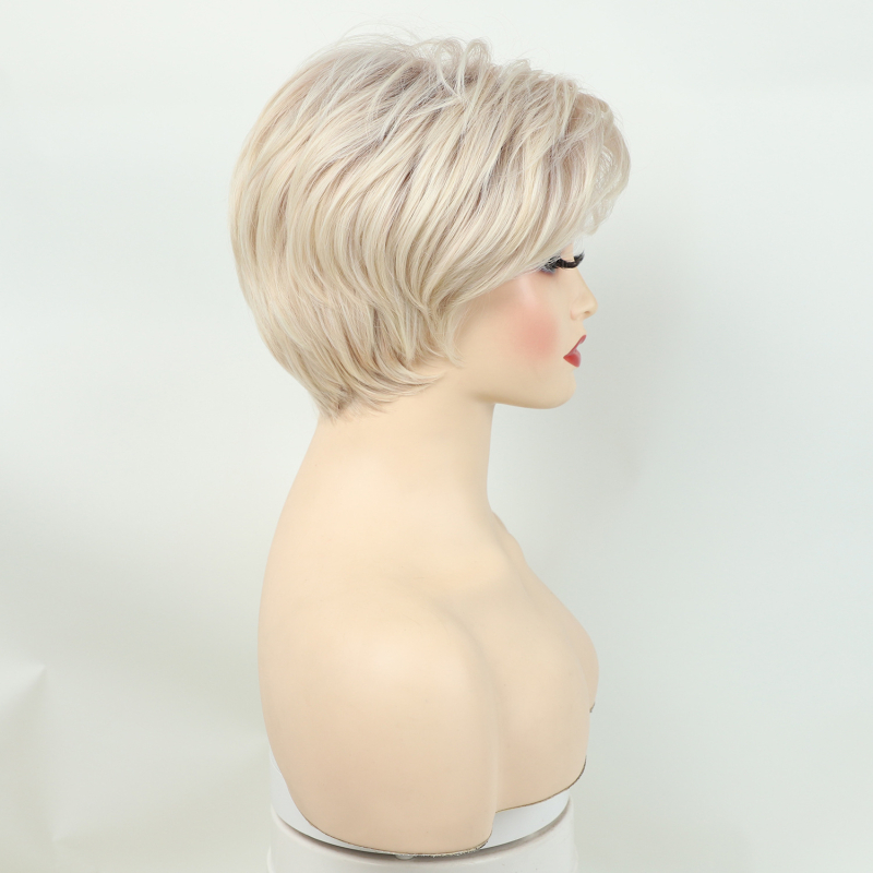 Perucă păr drept scurt, model 22593, fibră rezistentă la temperaturi înalte, breton oblic, proces mecanic