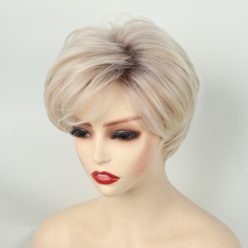 Perucă păr drept scurt, model 22593, fibră rezistentă la temperaturi înalte, breton oblic, proces mecanic