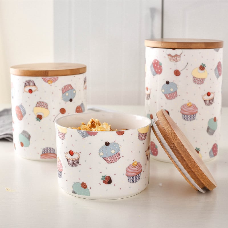 Vas ceramic sigilat cu capac din lemn, etanș, pentru ceai, fructe uscate și gustări