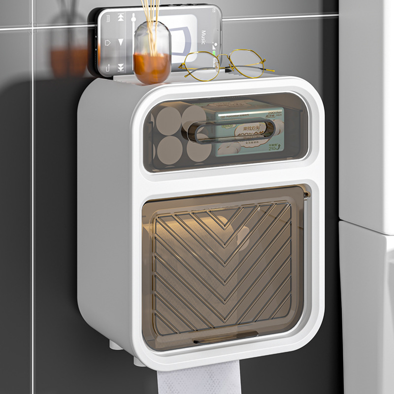 Cutie de hârtie igienică montată pe perete - polipropilenă, rezistentă la apă, fără găuri, pentru role de hârtie, design modern minimalist