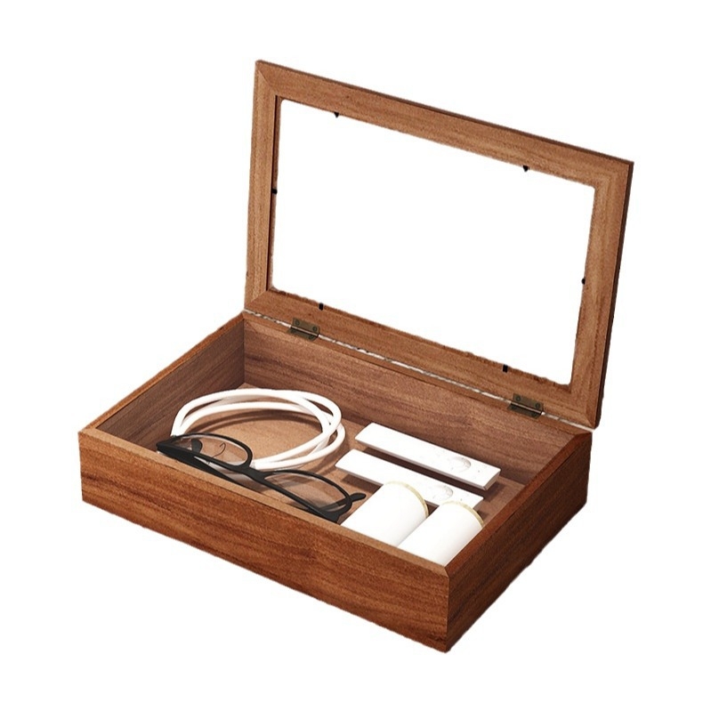 Cutie de depozitare pentru birou cu capac rabatabil, lemn de pin, 2 compartimente, protecție împotriva prafului, pentru bijuterii și obiecte mărunte