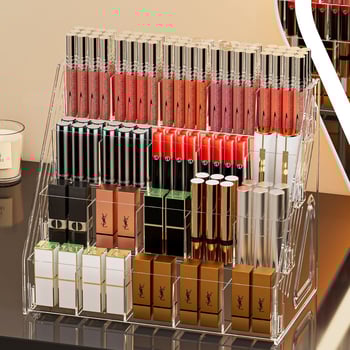 Κάθετος εκθεσιακός ράφι καλλυντικών από PET – αναδιπλούμενος οργανωτής για κραγιόν και γυαλιστικό χειλιών, με 3+ επίπεδα