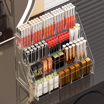 Κάθετος εκθεσιακός ράφι καλλυντικών από PET – αναδιπλούμενος οργανωτής για κραγιόν και γυαλιστικό χειλιών, με 3+ επίπεδα