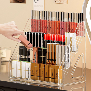 Κάθετος εκθεσιακός ράφι καλλυντικών από PET – αναδιπλούμενος οργανωτής για κραγιόν και γυαλιστικό χειλιών, με 3+ επίπεδα