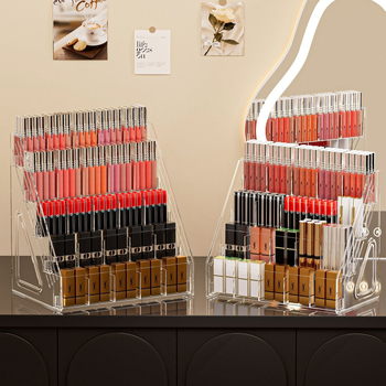 Κάθετος εκθεσιακός ράφι καλλυντικών από PET – αναδιπλούμενος οργανωτής για κραγιόν και γυαλιστικό χειλιών, με 3+ επίπεδα