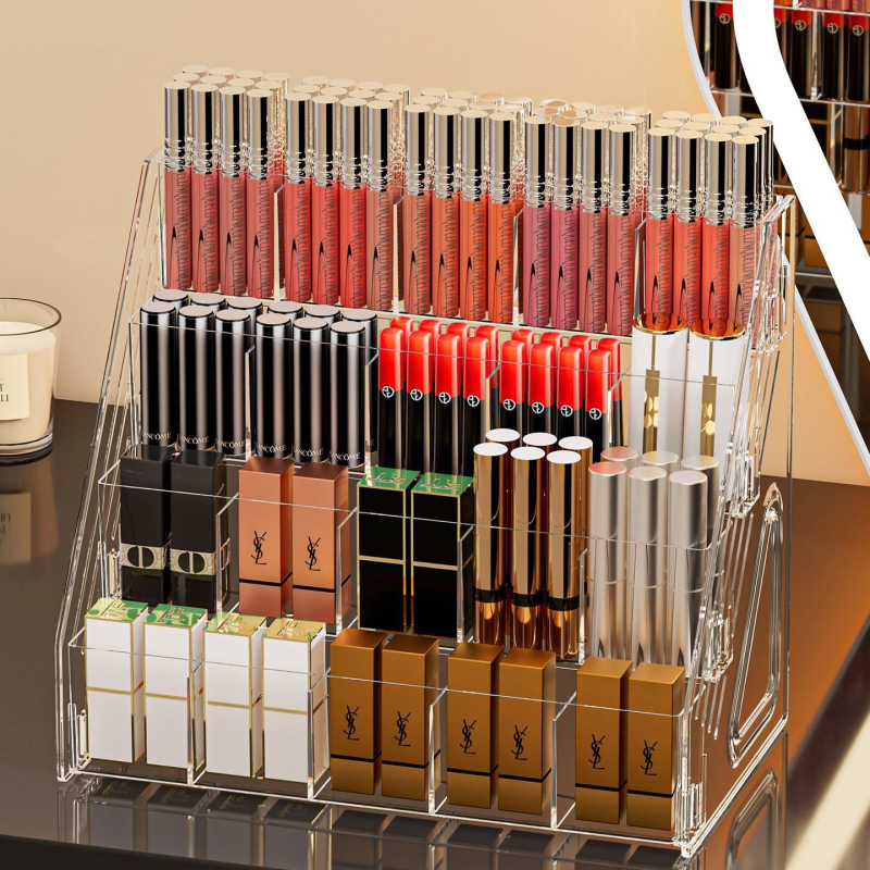 Κάθετος εκθεσιακός ράφι καλλυντικών από PET – αναδιπλούμενος οργανωτής για κραγιόν και γυαλιστικό χειλιών, με 3+ επίπεδα