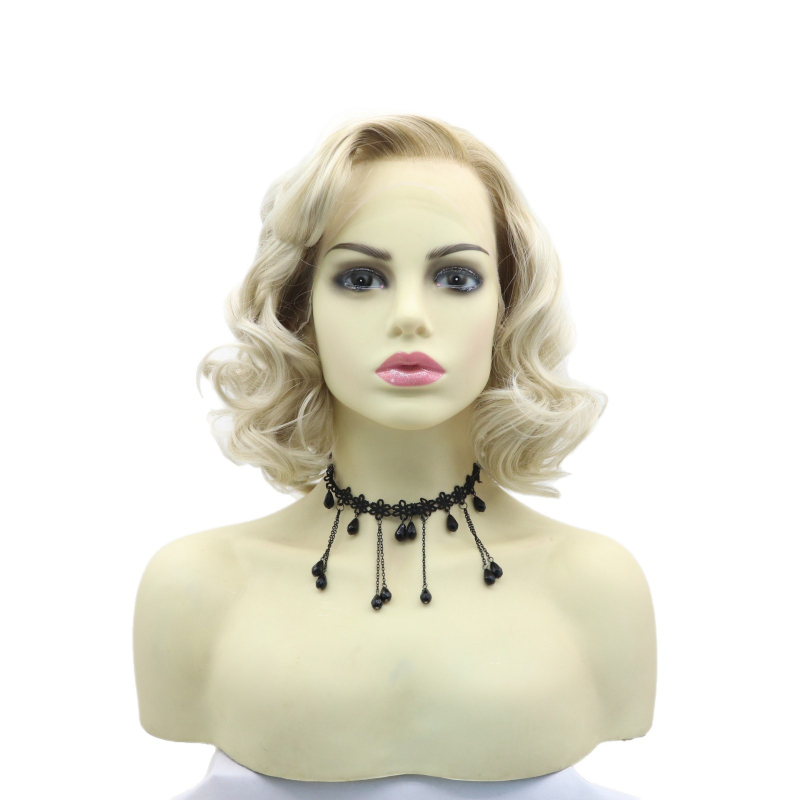 Perucă inspirată de Marilyn Monroe, stil exotic, păr scurt buclat cu dantelă frontală, fibre rezistente la căldură, model 0889