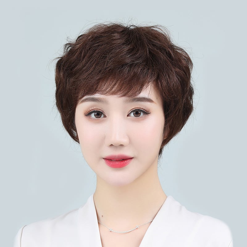 Perucă din păr uman, complet țesută manual, păr scurt ondulat, model A744, pentru femei, poate fi vopsită