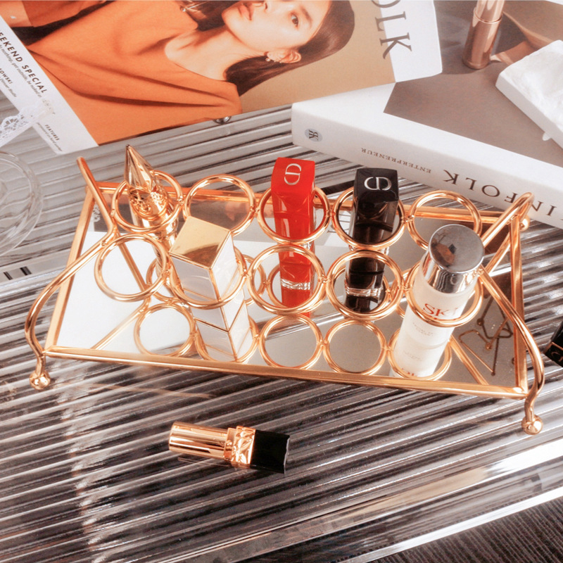 Κουτί αποθήκευσης κραγιόν με δίσκο καθρέφτη, ευρωπαϊκού στυλ, μεταλλικό και γυάλινο, επιτραπέζια χρήση, ένα επίπεδο, κατάλληλο για ταξίδι, υπνοδωμάτιο και μπάνιο