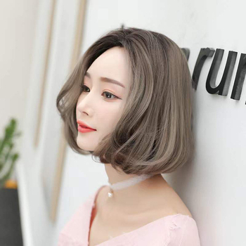Perucă pentru femei, păr scurt buclat, material mat din mătase, stil coreean, parte centrală (fără breton)