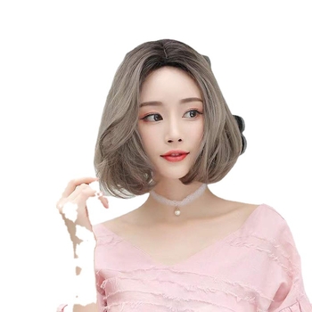 Perucă pentru femei, păr scurt buclat, material mat din mătase, stil coreean, parte centrală (fără breton)