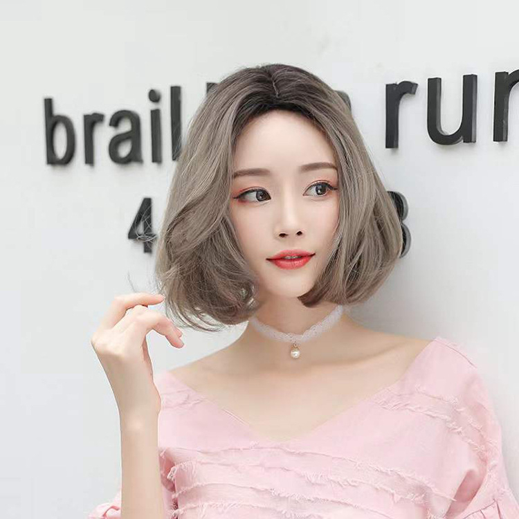 Perucă pentru femei, păr scurt buclat, material mat din mătase, stil coreean, parte centrală (fără breton)