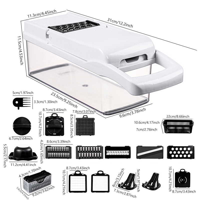 Többcélú zöldségvágó, rozsdamentes acélból, reszelő és kockázó funkcióval hagyma, gyümölcs és zöldségek feldolgozásához