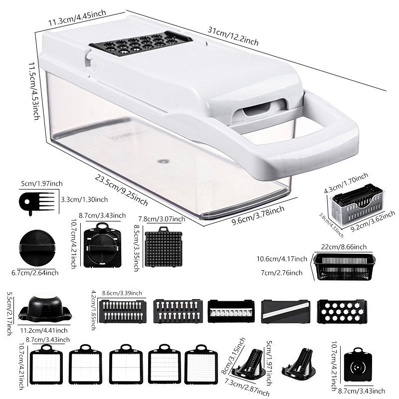 Többcélú zöldségvágó, rozsdamentes acélból, reszelő és kockázó funkcióval hagyma, gyümölcs és zöldségek feldolgozásához