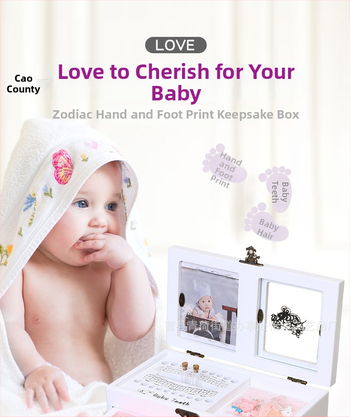 Drvena kutija za uspomene bebe: otisci ruku i stopala, mliječni zubi i kosa, sa zodijakom