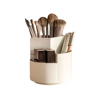 Cutie de depozitare pentru pensule cosmetice, rotativă pe birou — capacitate mare, organizator multifuncțional pentru pensule, creioane de sprânene și rujuri; material plastic; origine China; stil modern minimalist