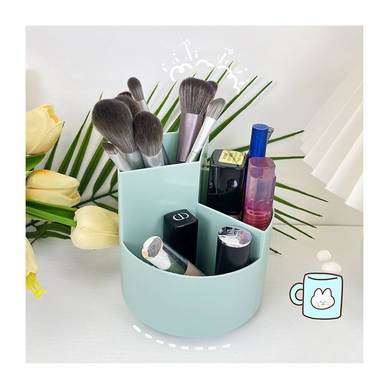 Cutie de depozitare pentru pensule cosmetice, rotativă pe birou — capacitate mare, organizator multifuncțional pentru pensule, creioane de sprânene și rujuri; material plastic; origine China; stil modern minimalist