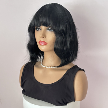 Perucă cu bucle în valuri de apă, fibre rezistente la temperaturi înalte, model QC-0006, stil natural, breton reglabil