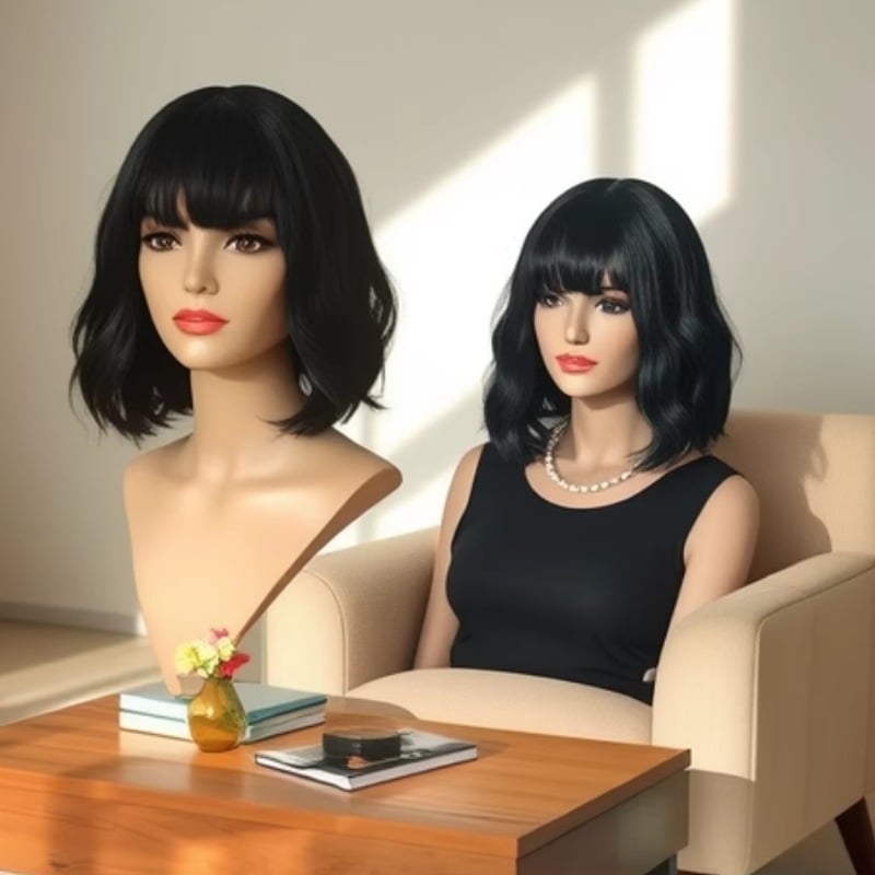 Perucă cu bucle în valuri de apă, fibre rezistente la temperaturi înalte, model QC-0006, stil natural, breton reglabil