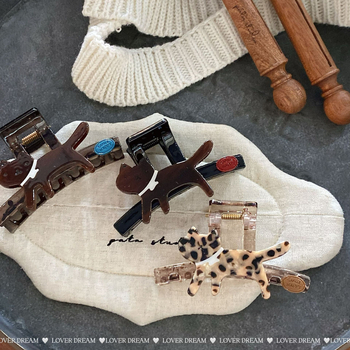 Agrafă de păr cu imprimeu leopard și design de pisică, clips de prindere, realizată manual, accesorii pentru cap, toamnă 2025