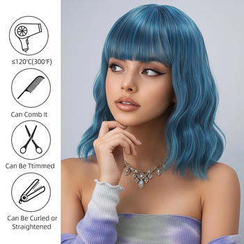 Perucă Yn130 scurtă, dreaptă, cu breton, fibre sintetice rezistente la temperatură, mecanism de fabricație